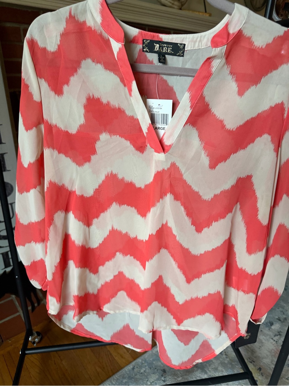 BON'T YOU DARE -  Coral and White Chevron Split-Neck Blouse